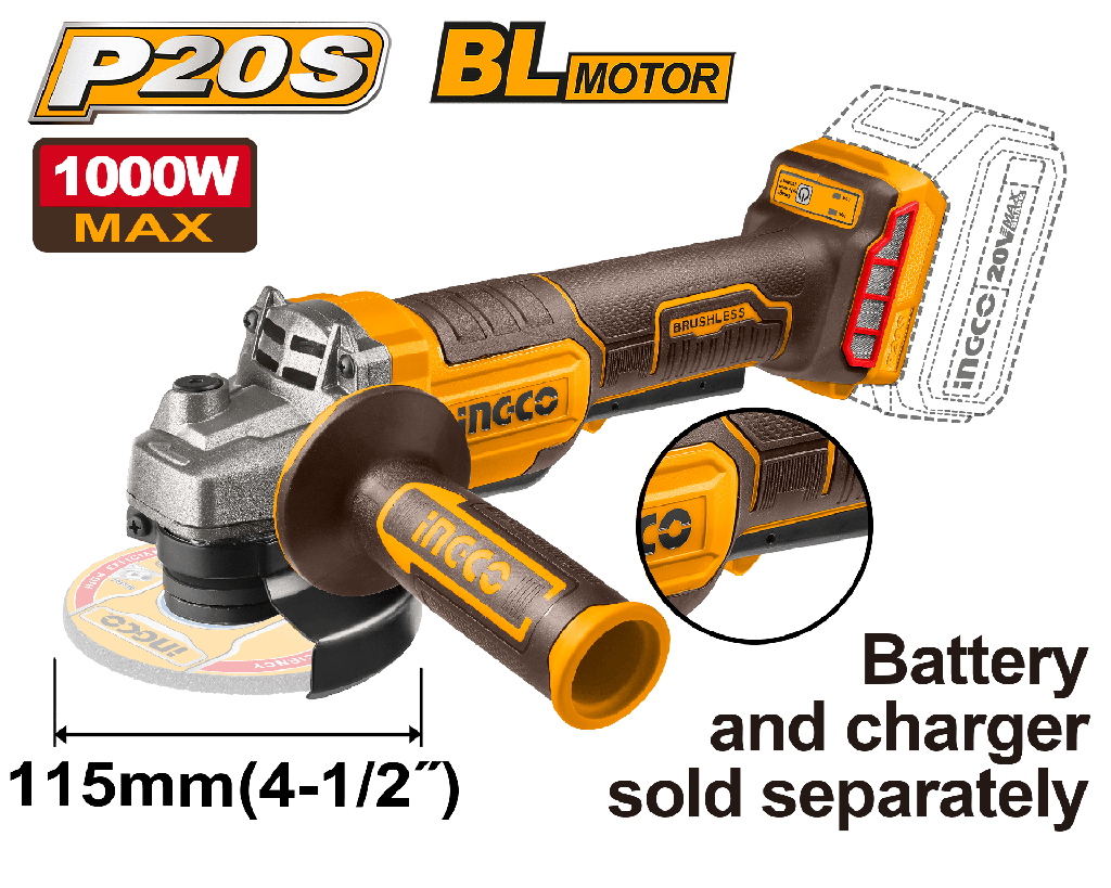 AMOLADORA 115mm 1000W 20 V *No incluye Car/Bat