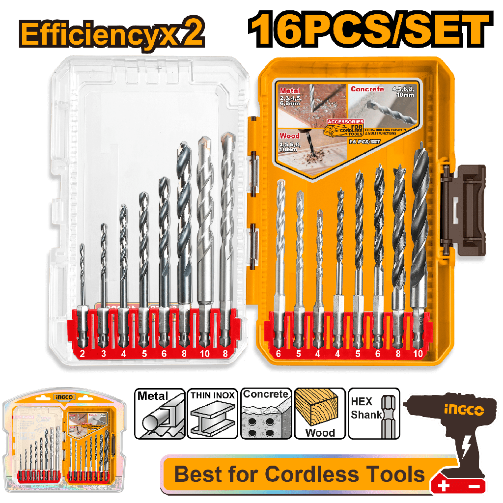 JUEGO 16 BROCAS PARA METAL Y MADERA (VASTAGO HEXAGONAL)