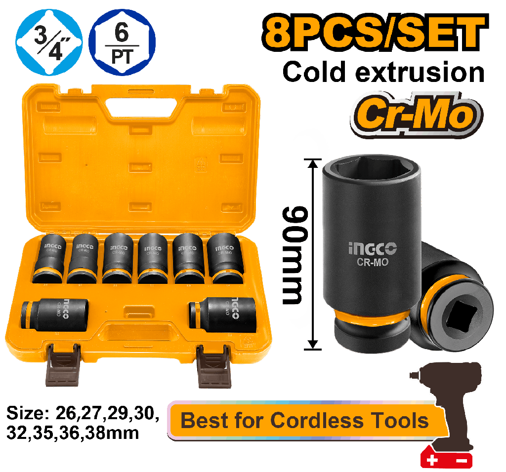 JUEGO 8 VASOS IMPACTO 3/4" L 90 mm