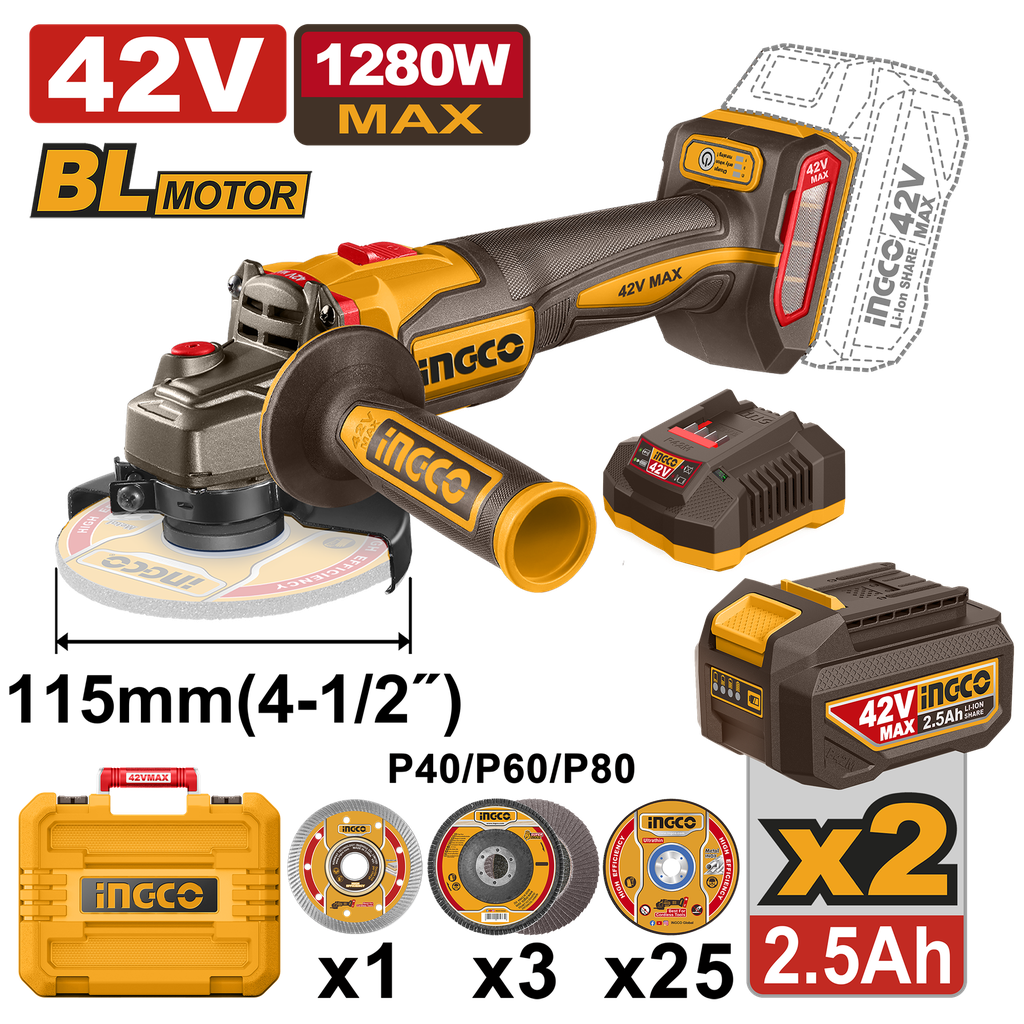 AMOLADORA 1280W 42 V 115mm * Incluye Cargador/Bat 2,5 Ah