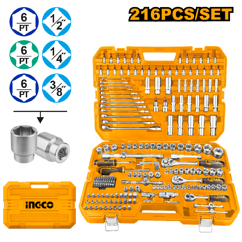 MALETA JGO 216 PCS LLAVES VASOS  1/4”-3/8”-1/2”