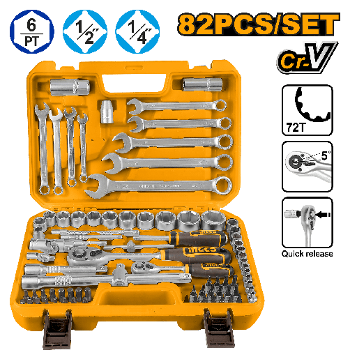 [HKTS42802] [1047] MALETA 82 PCS HERRAMIENTAS COMBINADAS 1/2" 1/4"